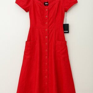 Red Linen Off-Shoulder Midi Dress – New with Tags, Size 2